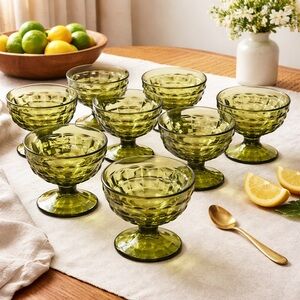Indiana Glass “Whitehall” Olive Green Footed Dessert Cups • Set of 8 Vintage MCM
